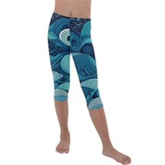 Waves Ocean Sea Abstract Whimsical Abstract Art Kids  Lightweight Velour Capri Leggings  by Ravend