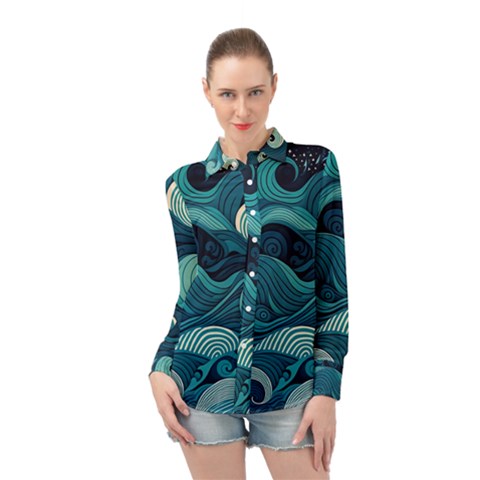 Waves Ocean Sea Abstract Whimsical Abstract Art Long Sleeve Chiffon Shirt by Ravend