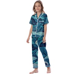 Waves Ocean Sea Abstract Whimsical Abstract Art Kids  Satin Short Sleeve Pajamas Set by Ravend