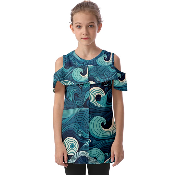 Waves Ocean Sea Abstract Whimsical Abstract Art Fold Over Open Sleeve Top