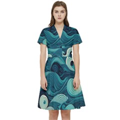 Waves Ocean Sea Abstract Whimsical Abstract Art Short Sleeve Waist Detail Dress by Ravend