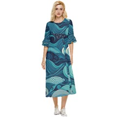 Waves Ocean Sea Abstract Whimsical Abstract Art Double Cuff Midi Dress by Ravend