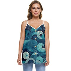 Waves Ocean Sea Abstract Whimsical Abstract Art Casual Spaghetti Strap Chiffon Top by Ravend