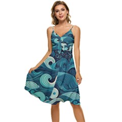 Waves Ocean Sea Abstract Whimsical Abstract Art Sleeveless Tie Front Chiffon Dress by Ravend