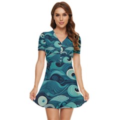 Waves Ocean Sea Abstract Whimsical Abstract Art V-neck High Waist Chiffon Mini Dress