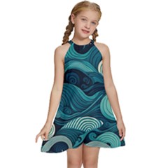 Waves Ocean Sea Abstract Whimsical Abstract Art Kids  Halter Collar Waist Tie Chiffon Dress by Ravend