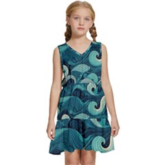 Waves Ocean Sea Abstract Whimsical Abstract Art Kids  Sleeveless Tiered Mini Dress by Ravend