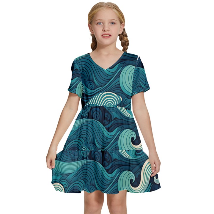 Waves Ocean Sea Abstract Whimsical Abstract Art Kids  Short Sleeve Tiered Mini Dress