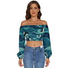 Waves Ocean Sea Abstract Whimsical Abstract Art Long Sleeve Crinkled Weave Crop Top