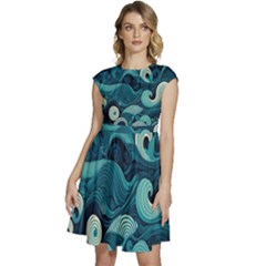 Waves Ocean Sea Abstract Whimsical Abstract Art Cap Sleeve High Waist Dress