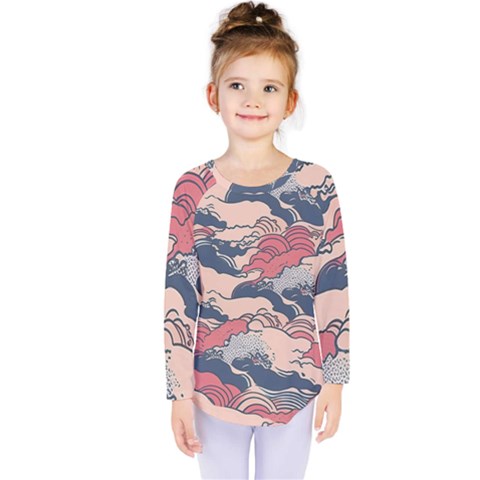 Waves Ocean Sea Water Pattern Rough Seas Kids  Long Sleeve Tee by Ravend