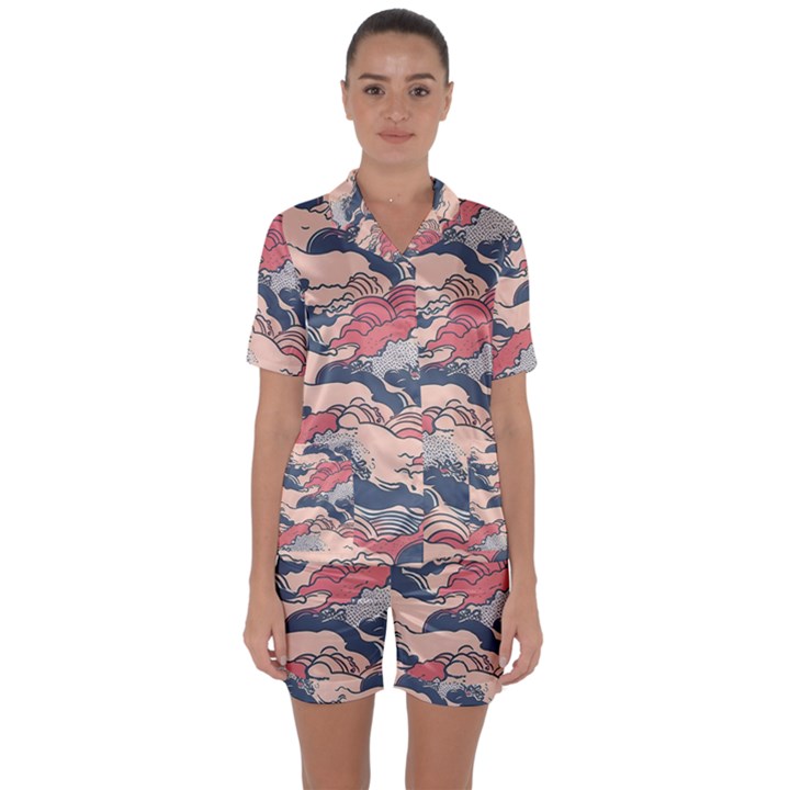 Waves Ocean Sea Water Pattern Rough Seas Satin Short Sleeve Pajamas Set