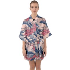 Waves Ocean Sea Water Pattern Rough Seas Half Sleeve Satin Kimono  by Ravend