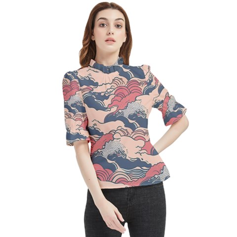 Waves Ocean Sea Water Pattern Rough Seas Frill Neck Blouse by Ravend