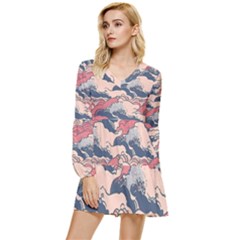 Waves Ocean Sea Water Pattern Rough Seas Tiered Long Sleeve Mini Dress by Ravend