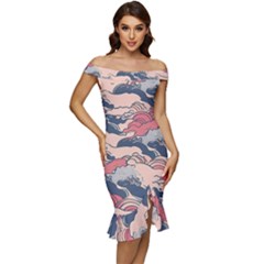 Waves Ocean Sea Water Pattern Rough Seas Off Shoulder Ruffle Split Hem Bodycon Dress