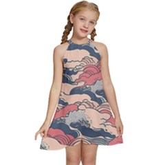 Waves Ocean Sea Water Pattern Rough Seas Kids  Halter Collar Waist Tie Chiffon Dress by Ravend