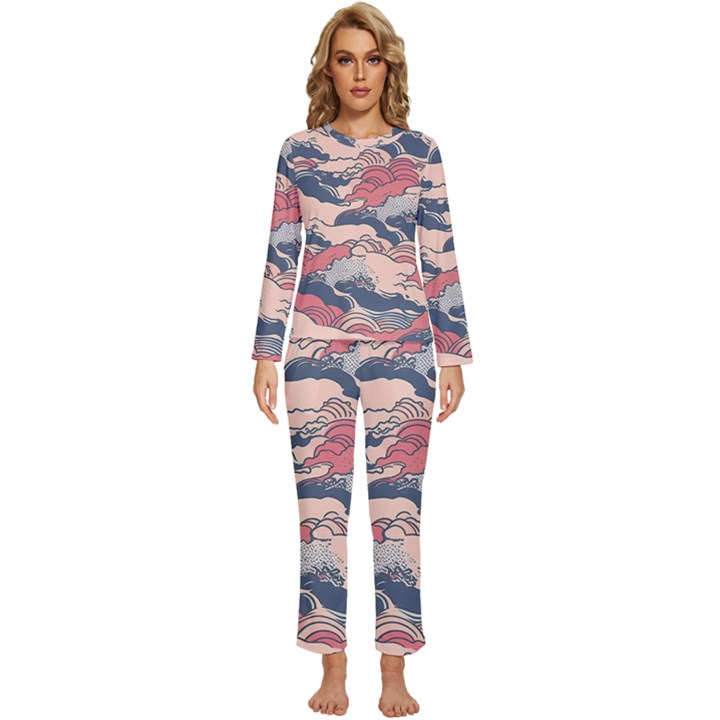 Waves Ocean Sea Water Pattern Rough Seas Womens  Long Sleeve Lightweight Pajamas Set