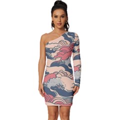 Waves Ocean Sea Water Pattern Rough Seas Long Sleeve One Shoulder Mini Dress