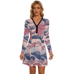 Waves Ocean Sea Water Pattern Rough Seas Long Sleeve Deep V Mini Dress 