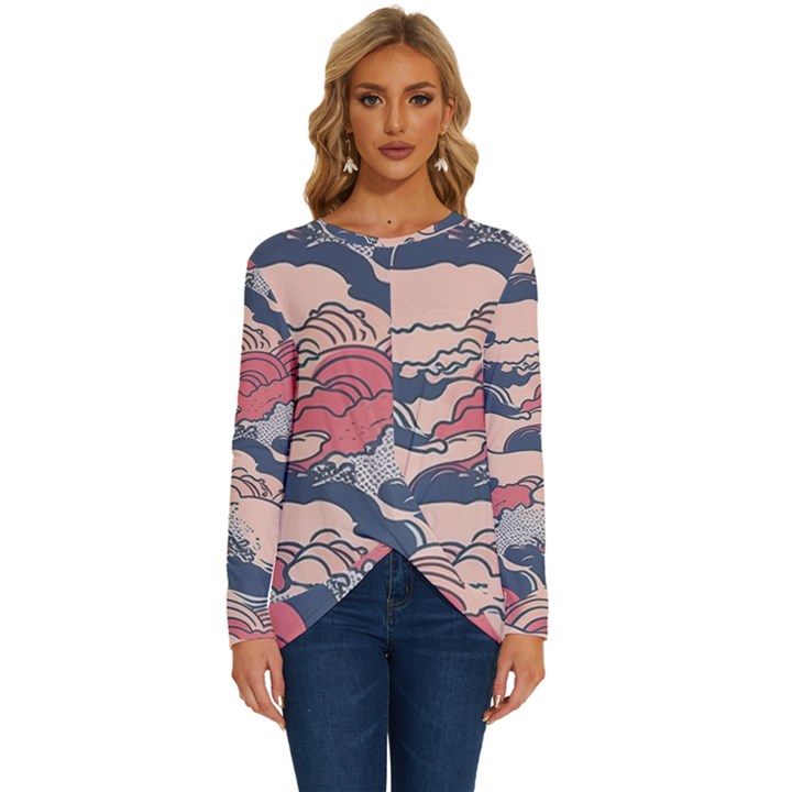 Waves Ocean Sea Water Pattern Rough Seas Long Sleeve Crew Neck Pullover Top