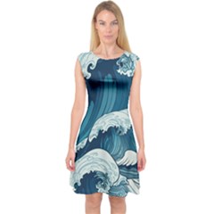 Waves Ocean Sea Pattern Water Tsunami Rough Seas Capsleeve Midi Dress by Ravend