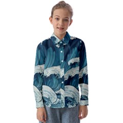 Waves Ocean Sea Pattern Water Tsunami Rough Seas Kids  Long Sleeve Shirt by Ravend