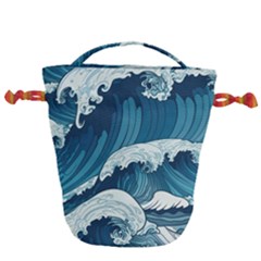 Waves Ocean Sea Pattern Water Tsunami Rough Seas Drawstring Bucket Bag by Ravend