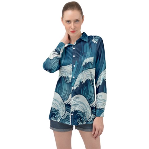 Waves Ocean Sea Pattern Water Tsunami Rough Seas Long Sleeve Satin Shirt by Ravend