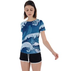 Waves Ocean Sea Pattern Water Tsunami Rough Seas Back Circle Cutout Sports Tee by Ravend