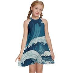 Waves Ocean Sea Pattern Water Tsunami Rough Seas Kids  Halter Collar Waist Tie Chiffon Dress