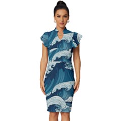 Waves Ocean Sea Pattern Water Tsunami Rough Seas Vintage Frill Sleeve V-neck Bodycon Dress