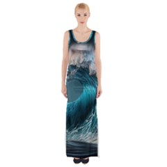 Tsunami Waves Ocean Sea Water Rough Seas Thigh Split Maxi Dress by Ravend