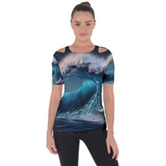 Tsunami Waves Ocean Sea Water Rough Seas Shoulder Cut Out Short Sleeve Top by Ravend