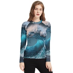 Tsunami Waves Ocean Sea Water Rough Seas Women s Long Sleeve Rash Guard by Ravend