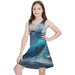 Tsunami Waves Ocean Sea Water Rough Seas Kids  Lightweight Sleeveless Dress by Ravend