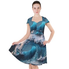 Tsunami Waves Ocean Sea Water Rough Seas Cap Sleeve Midi Dress by Ravend