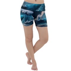 Tsunami Waves Ocean Sea Water Rough Seas Lightweight Velour Yoga Shorts by Ravend