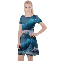 Tsunami Waves Ocean Sea Water Rough Seas Cap Sleeve Velour Dress  by Ravend