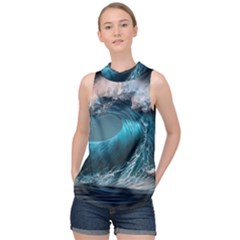 Tsunami Waves Ocean Sea Water Rough Seas High Neck Satin Top by Ravend