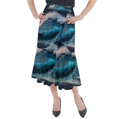 Tsunami Waves Ocean Sea Water Rough Seas Midi Mermaid Skirt by Ravend