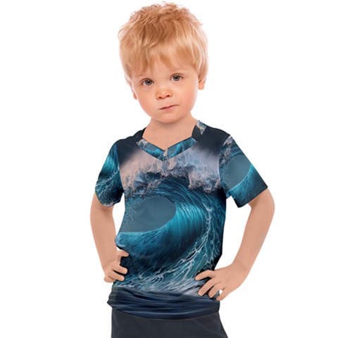 Tsunami Waves Ocean Sea Water Rough Seas Kids  Sports Tee by Ravend