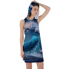 Tsunami Waves Ocean Sea Water Rough Seas Racer Back Hoodie Dress by Ravend