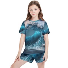 Tsunami Waves Ocean Sea Water Rough Seas Kids  Tee And Sports Shorts Set by Ravend