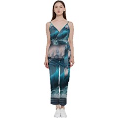 Tsunami Waves Ocean Sea Water Rough Seas V-neck Spaghetti Strap Tie Front Jumpsuit by Ravend