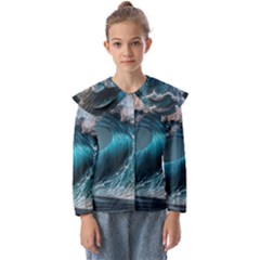 Tsunami Waves Ocean Sea Water Rough Seas Kids  Peter Pan Collar Blouse by Ravend