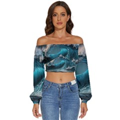 Tsunami Waves Ocean Sea Water Rough Seas Long Sleeve Crinkled Weave Crop Top