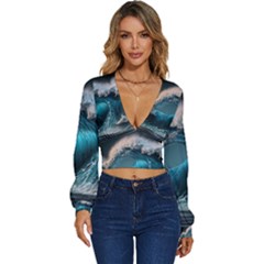 Tsunami Waves Ocean Sea Water Rough Seas Long Sleeve Deep-v Velour Top