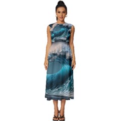 Tsunami Waves Ocean Sea Water Rough Seas Sleeveless Round Neck Midi Dress by Ravend