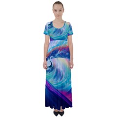 Waves Ocean Sea Tsunami Nautical Nature Water High Waist Short Sleeve Maxi Dress by Ravend